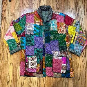 Jacket 100% Silk Artezen Reversible Quilted Floral Patchwork Pockets Boho Chic